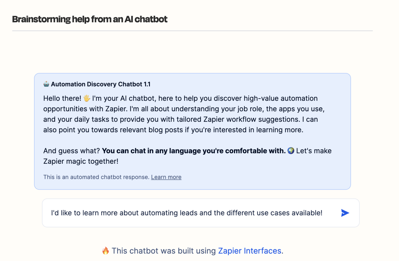Screenshot of chatbots embedded in Zapier learn courses