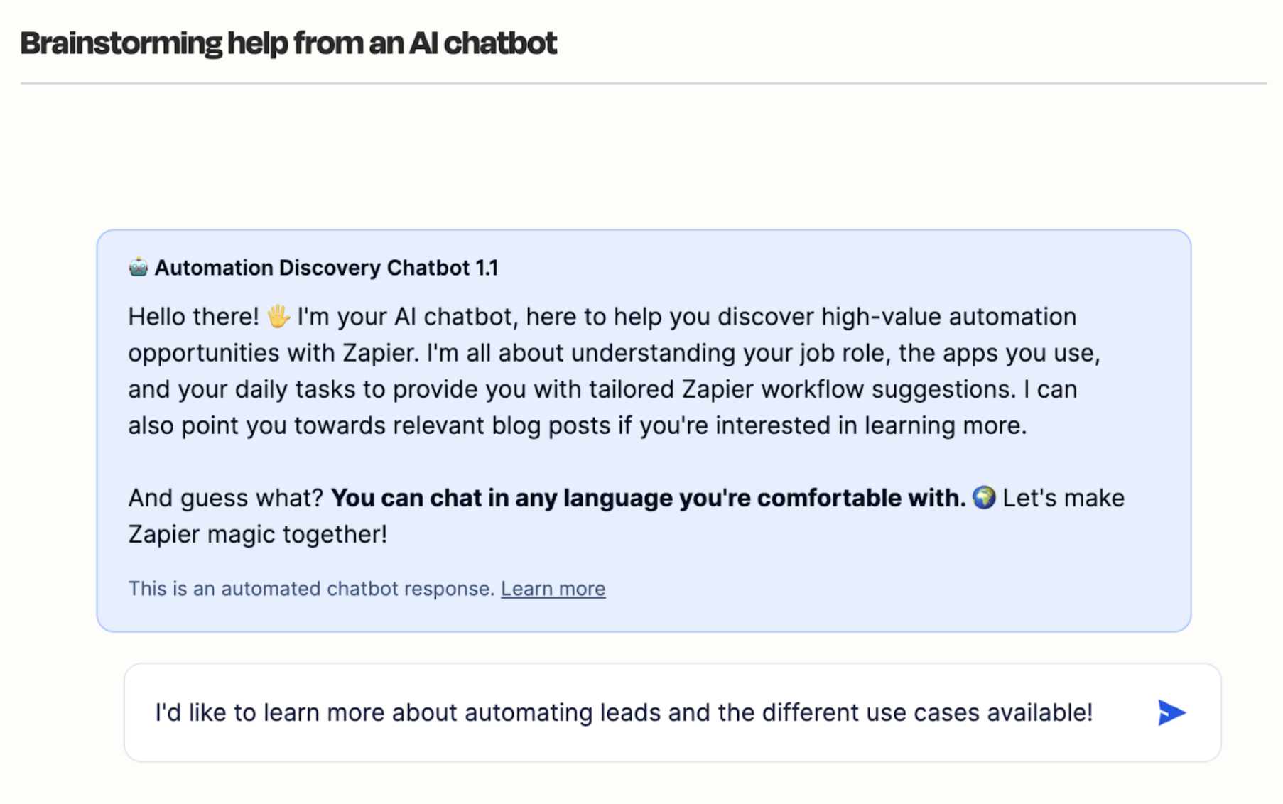 Screenshot of chatbots embedded in Zapier learn courses