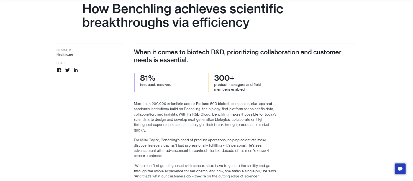 Screenshot of the Benchling and Airtable case study with the title: How Benchling achieves scientific breakthroughs via efficiency 