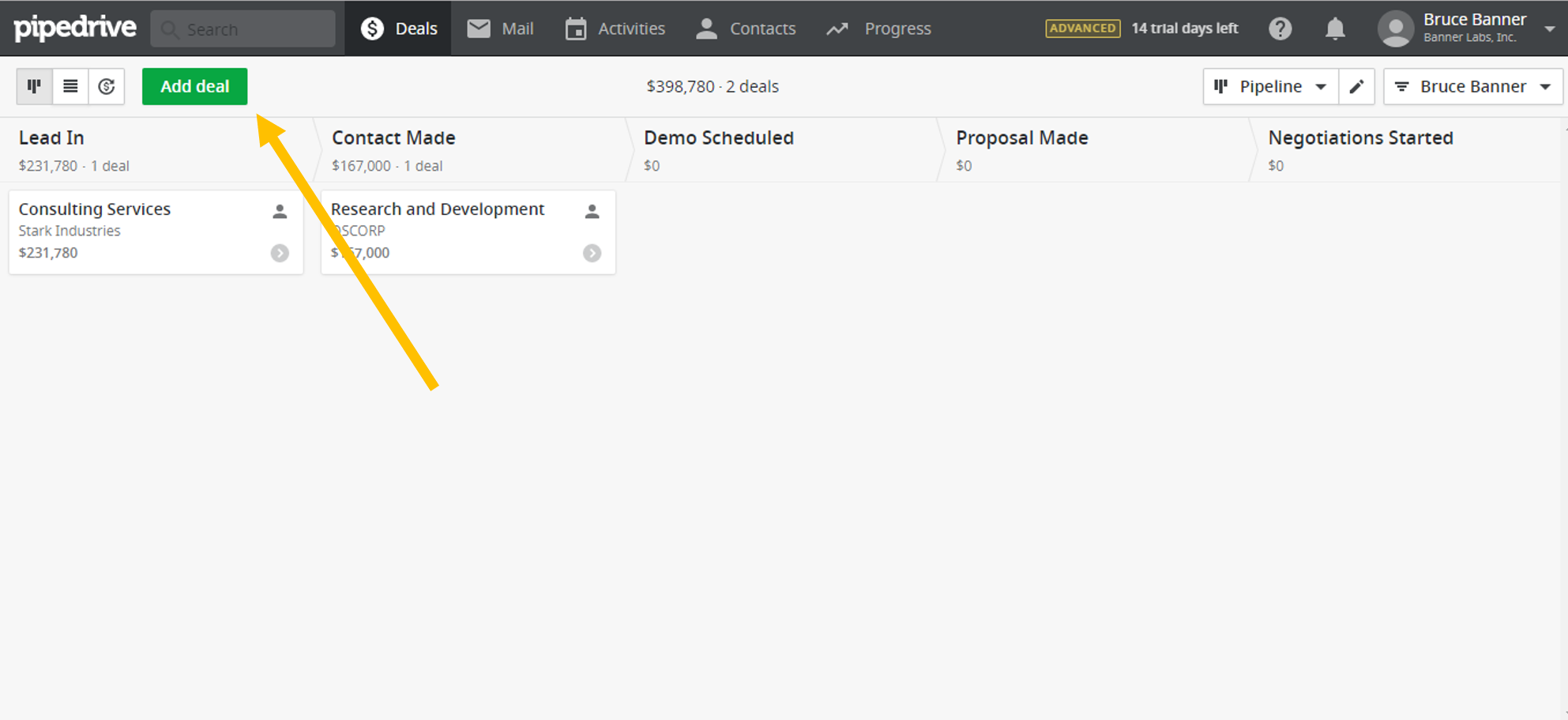 Add deal button in Pipedrive CRM