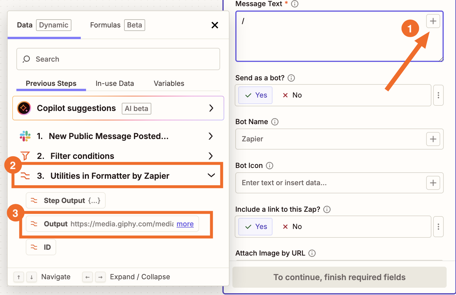 Windows in the Zap editor indicating how to insert dynamic data from a Filter step into the Message Text field