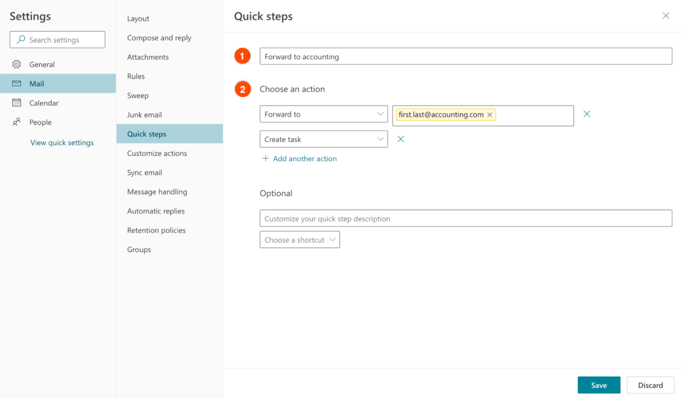 Quick steps window in Microsoft Outlook settings. There are numbered fields for quick steps customization.