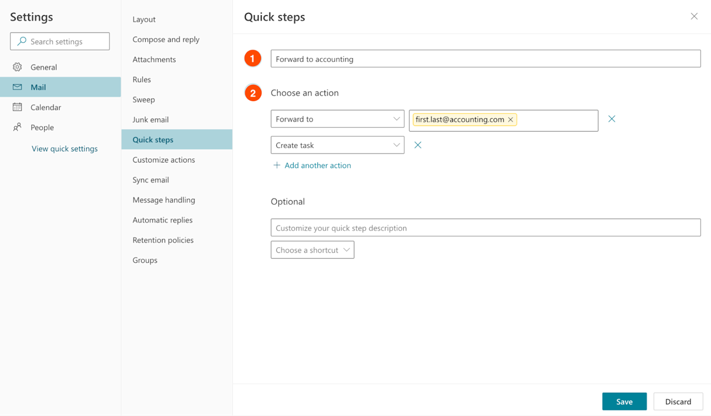 Quick steps window in Microsoft Outlook settings with all customizations entered. 