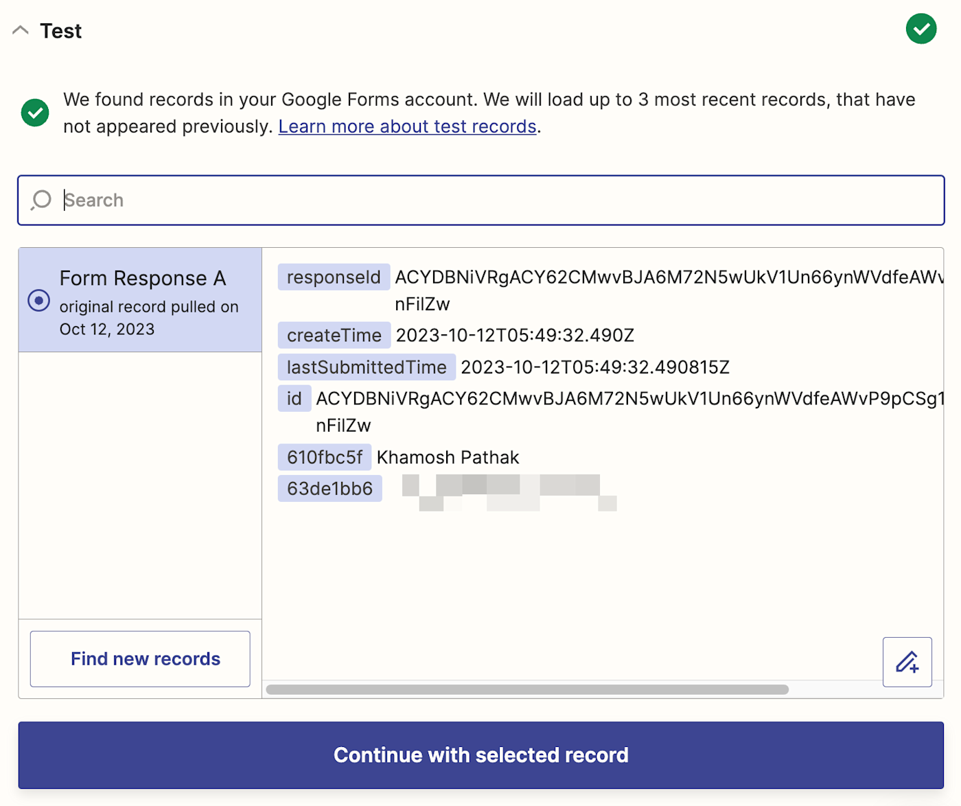 A set of test data from a Google Forms response.