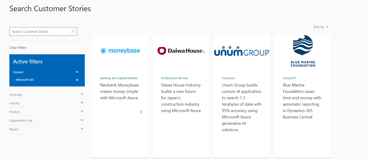 Screenshot showcasing Microsoft's customer success stories