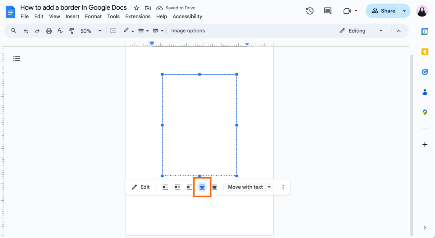 Behind text icon in the floating toolbar of a shape in Google Docs. 