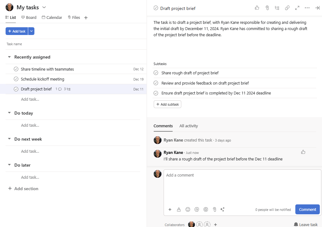 A comment view in Asana