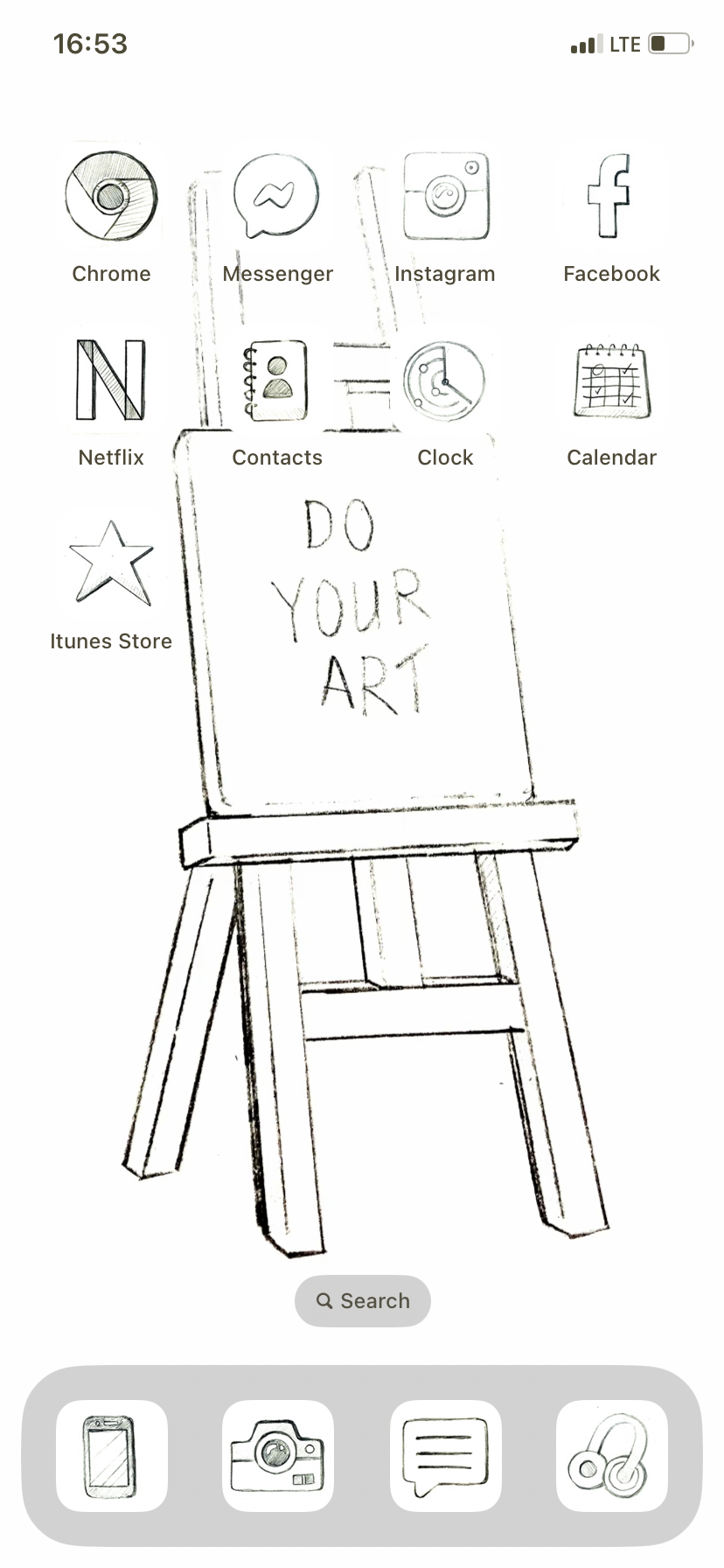 An iPhone home screen with icons that look pencil drawn.