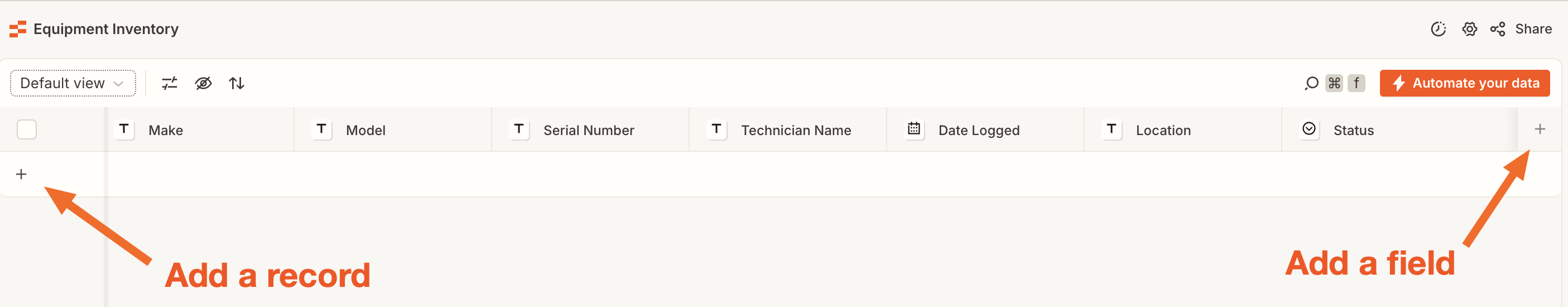 オレンジ色の矢印がプラス記号を指し示すZapier Tables。プラス記号をクリックすると、レコードまたはフィールドを追加できます。