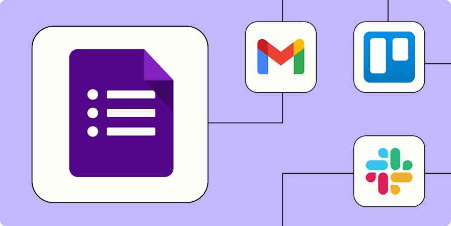 Google Forms automation inspiration hero image with the Google Forms logo and the logos of Slack, Trello, and Mailchimp.