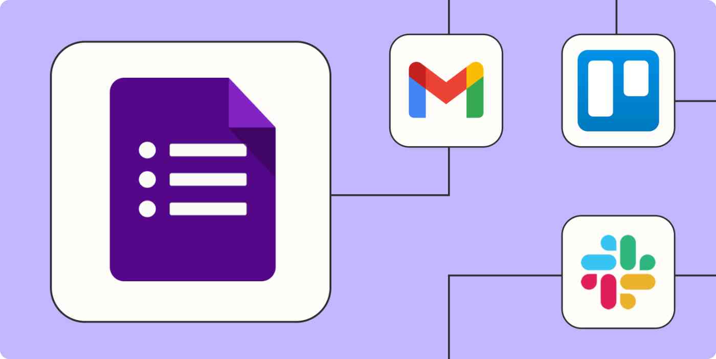 Google Forms automation inspiration hero image with the Google Forms logo and the logos of Slack, Trello, and Mailchimp.