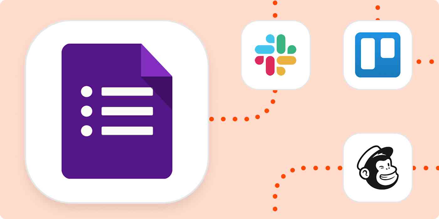 automation-inspiration-00-google-forms Google Forms automation inspiration hero image with the Google Forms logo and the logos of Slack, Trello, and Mailchimp.