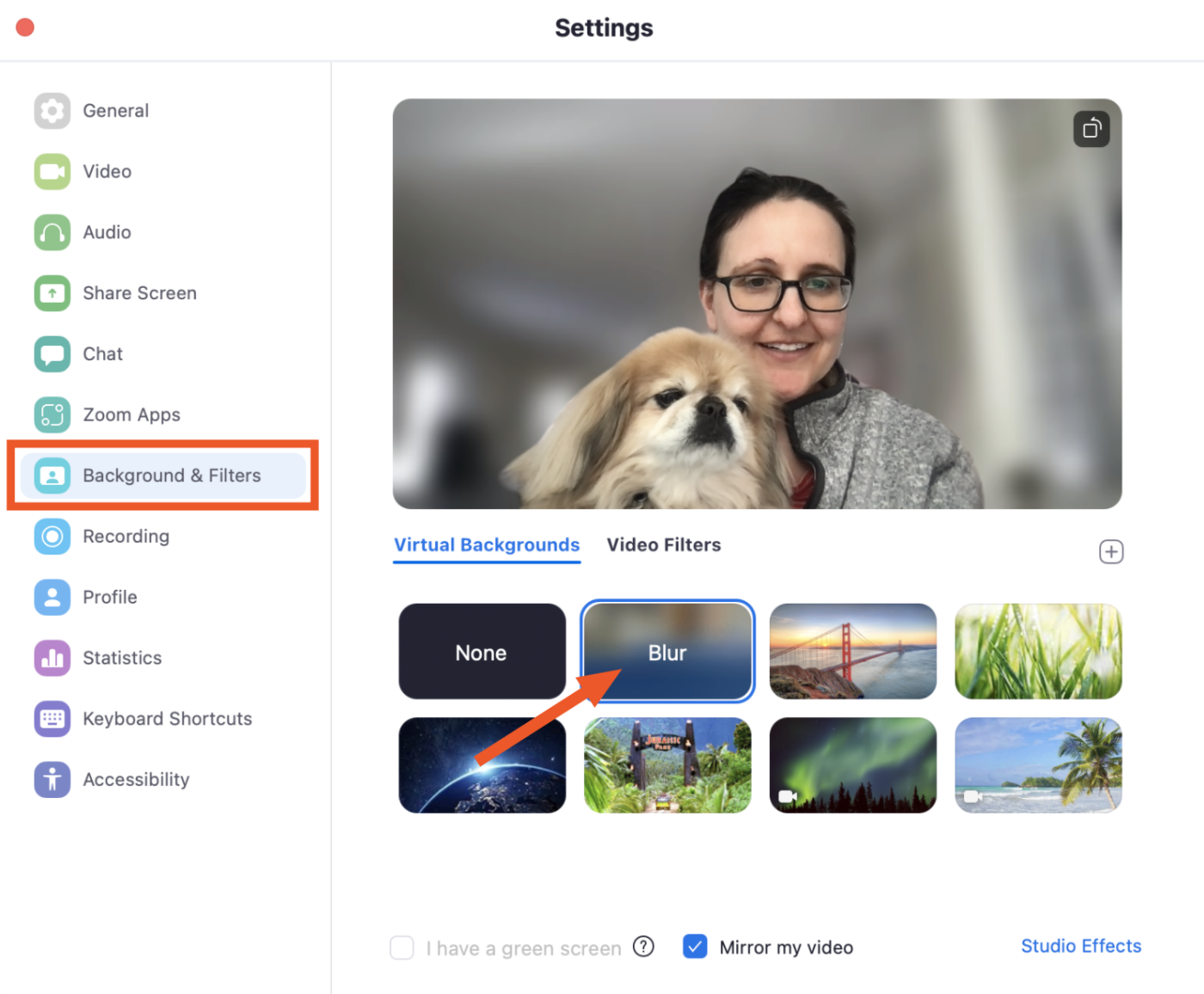 How to blur your background in Zoom: click Background & Filters, then Blur (from the Settings)
