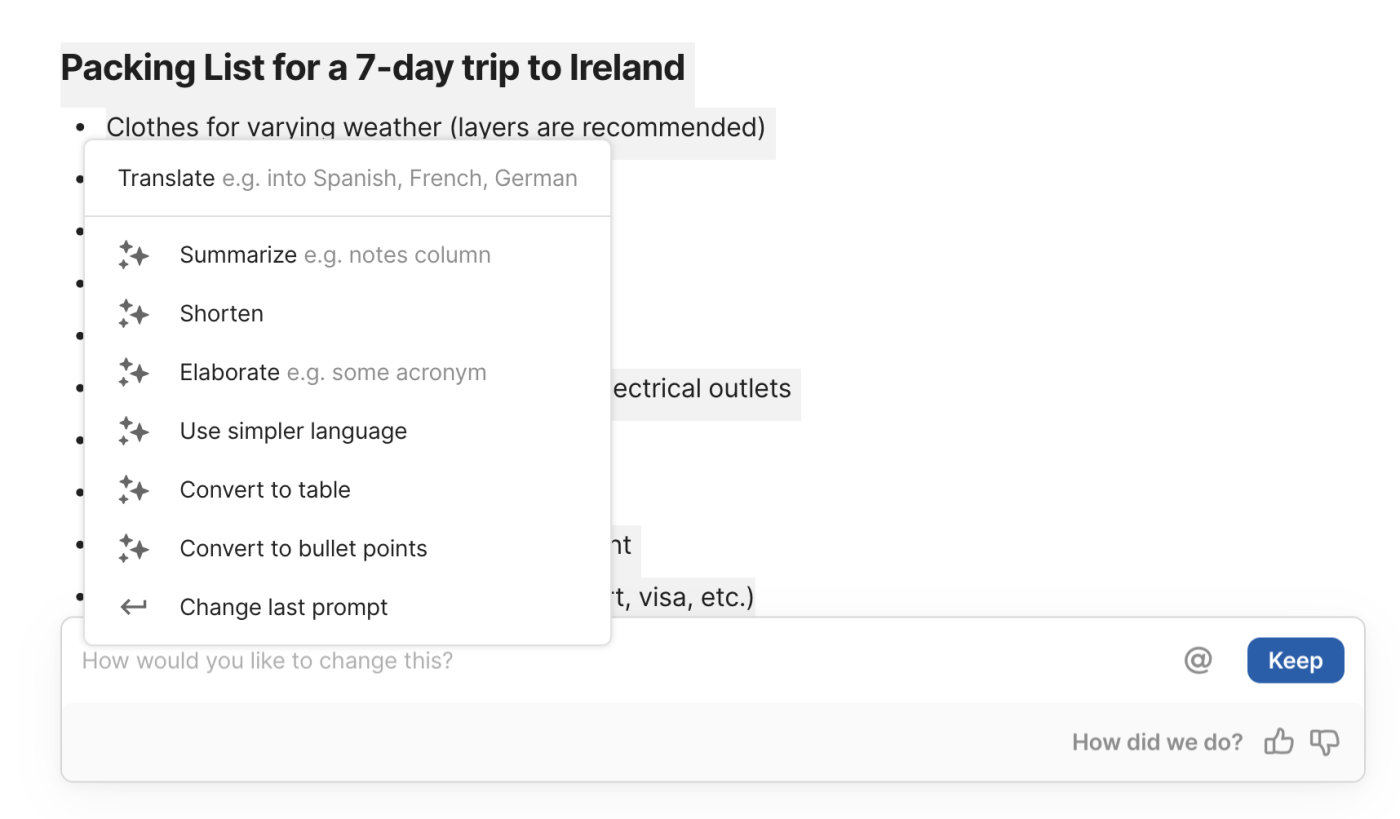 Coda AI result for the prompt "Write a packing list for a seven-day trip to Ireland." Beneath the result is the prompt bar with an expanded view of suggested ways to modify the result. 