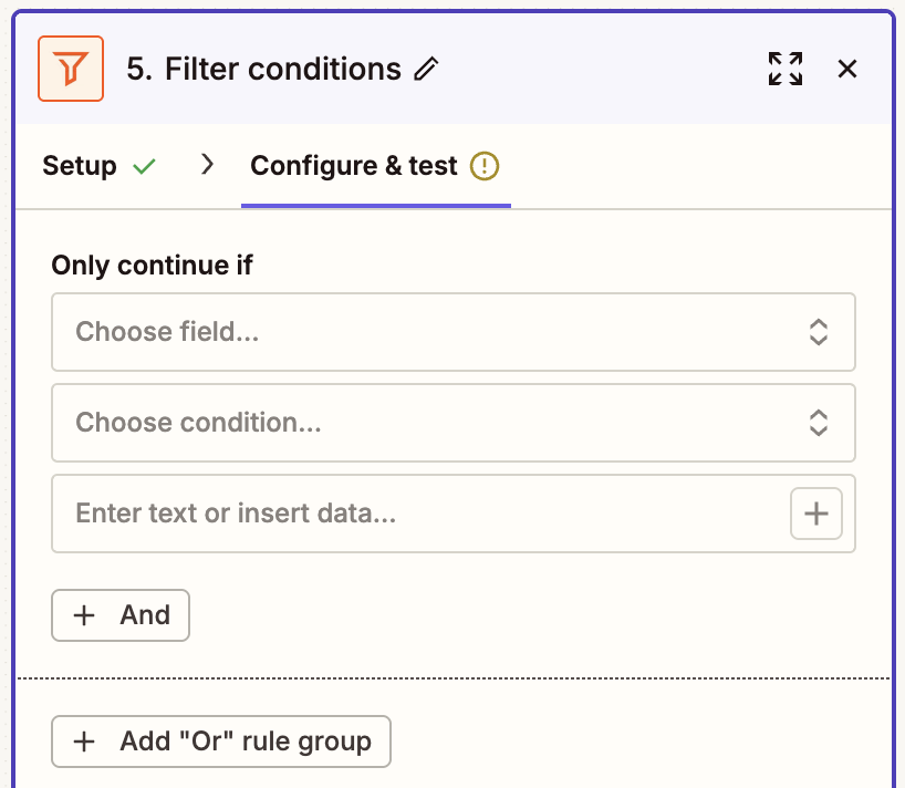 A screenshot of a window in the Zap editor where you configure your filter rules.