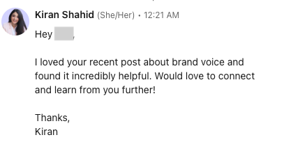 A LinkedIn message from Kiran about someone's recent post