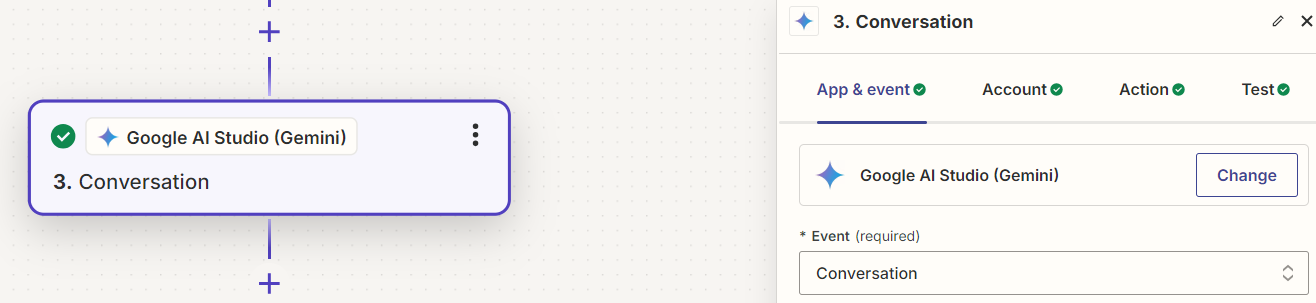 A Google AI Studio (Gemini) step in the Zap editor with Conversation selected in the Event field.