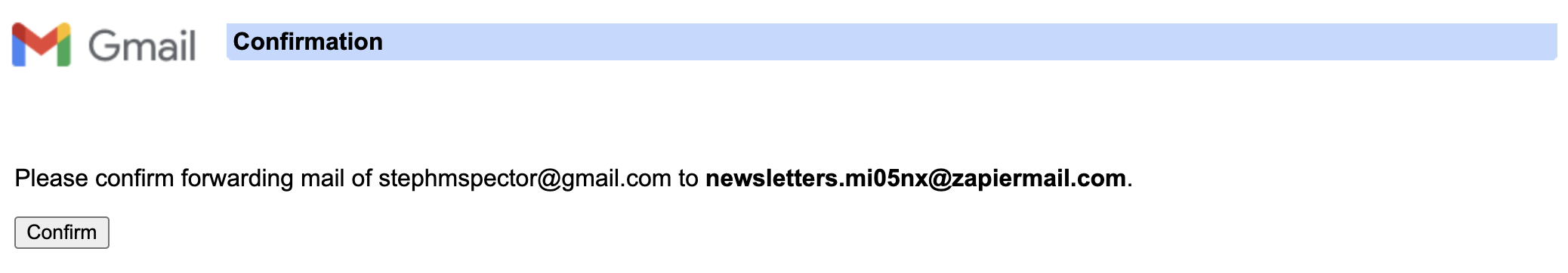Gmail confirmation page asking to verify mail forwarding with a Confirm button