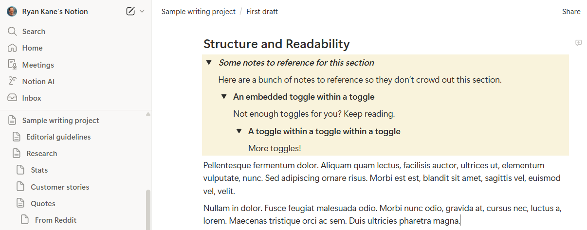 Toggles nested within toggles in Notion