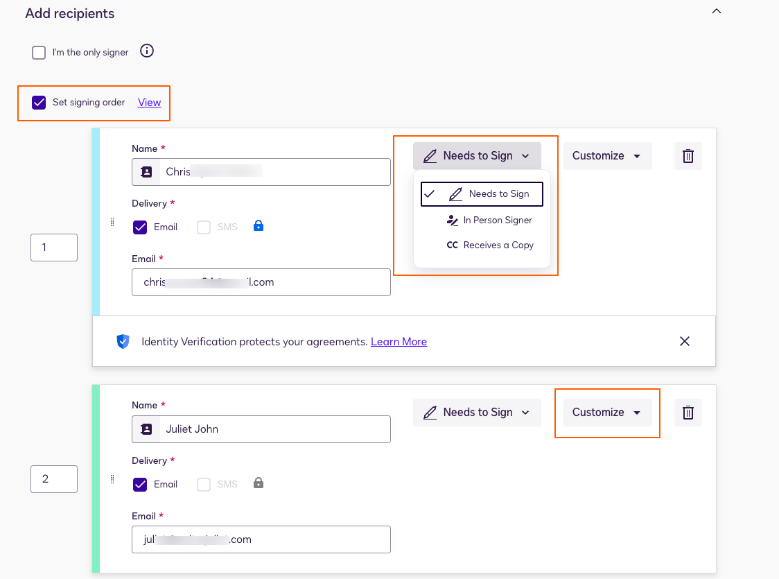 Some advanced options you can use when sending signature requests on Docusign