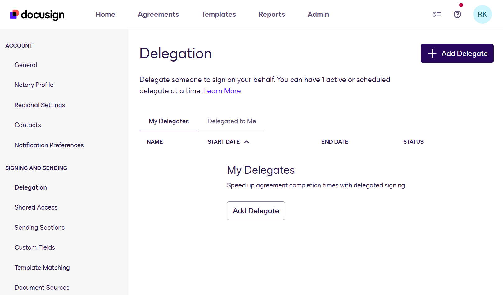 The delegation page on Docusign