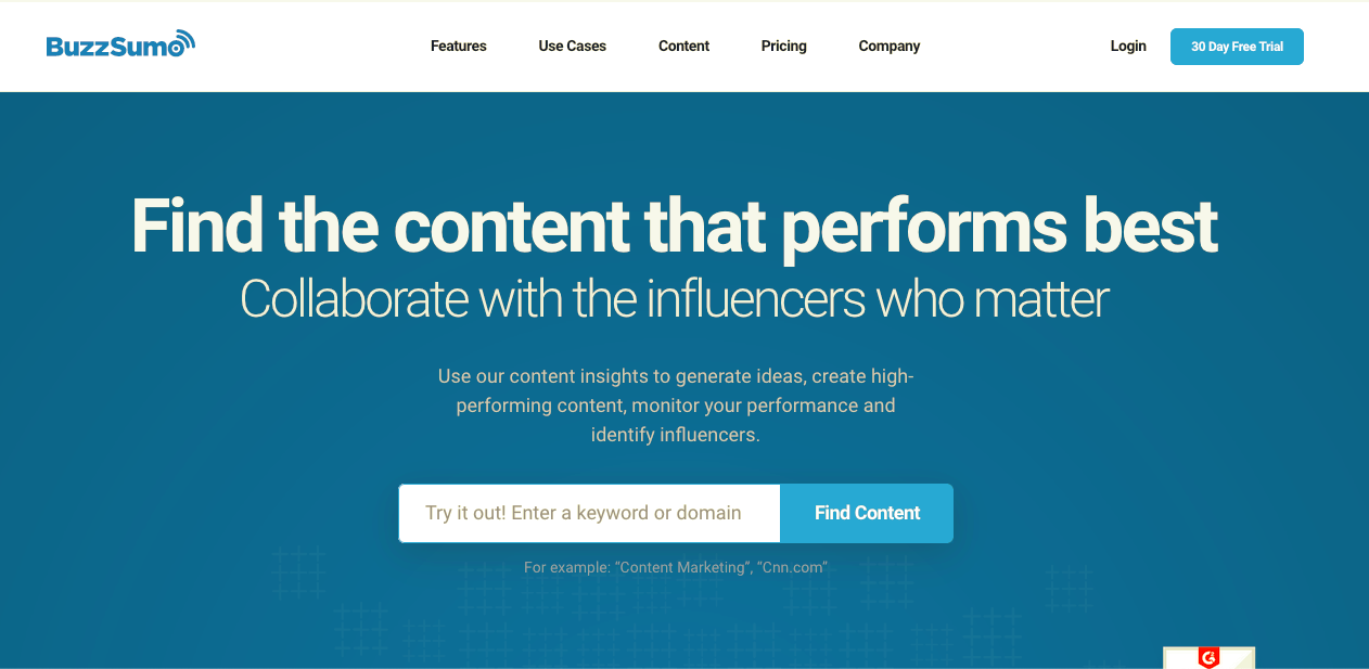 A CTA on the BuzzSumo website that says "Find Content"