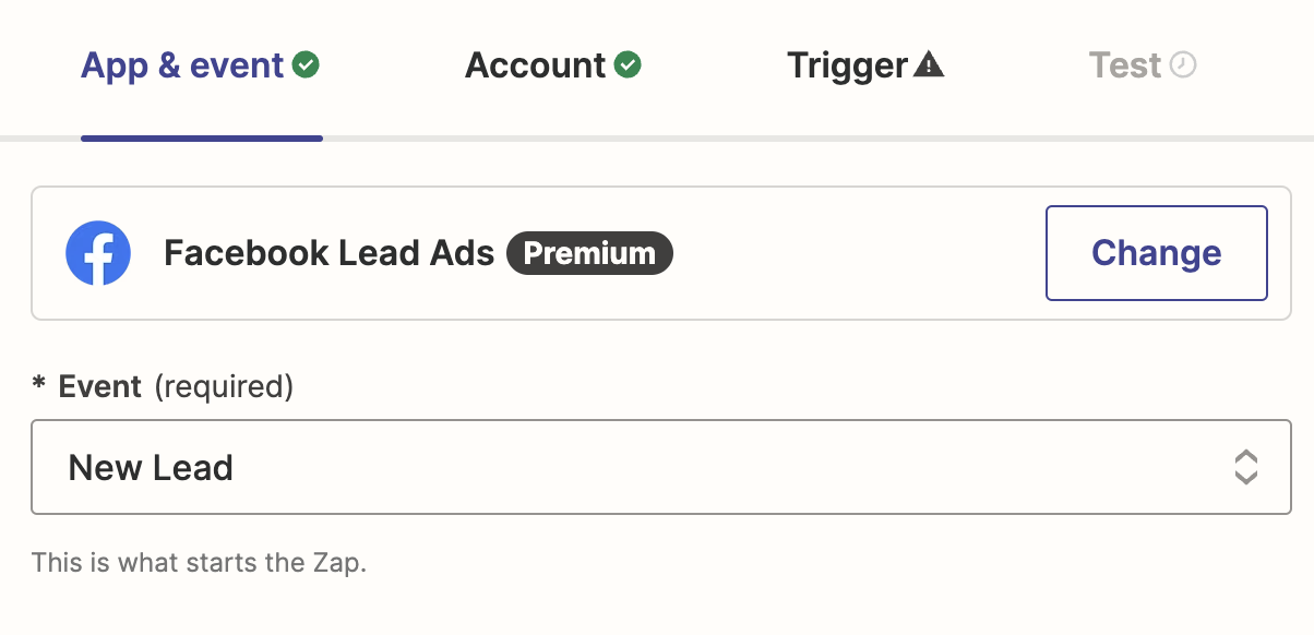 Set up the trigger step by choosing Facebook Lead Ads