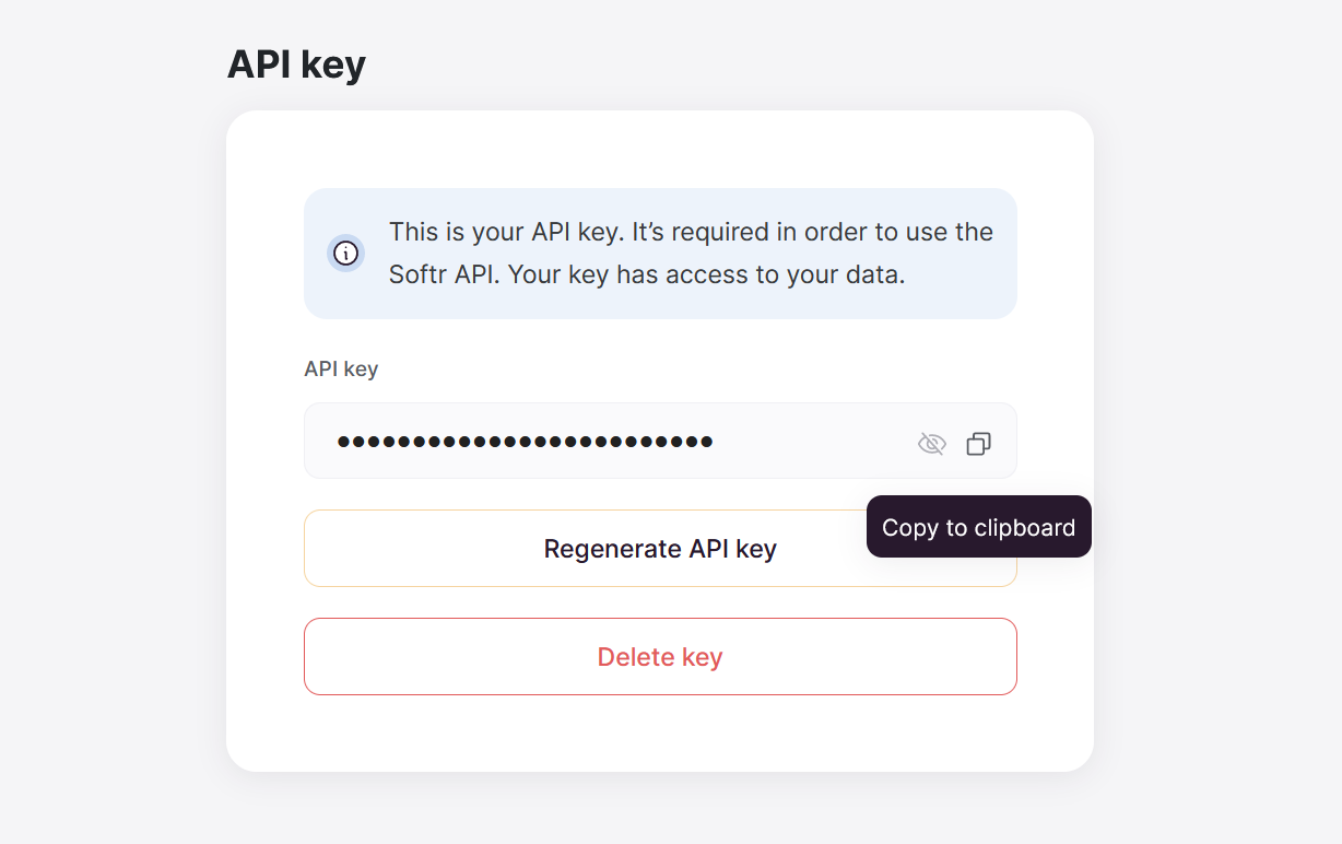 An API key field is shown with a hidden API key and a black button to copy to clipboard.