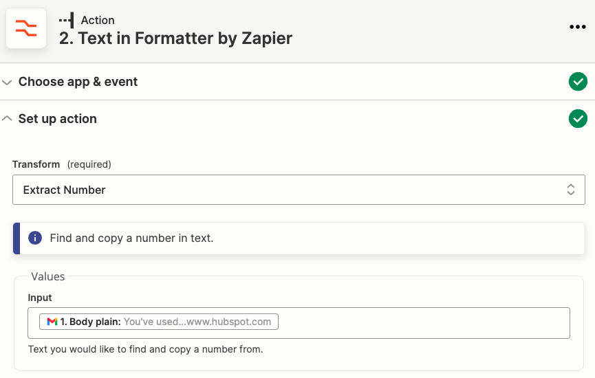 The Zapier Formatter app logo next to the text "Text in Formatter by Zapier" with "Extract Number" selected in the Transform field. 