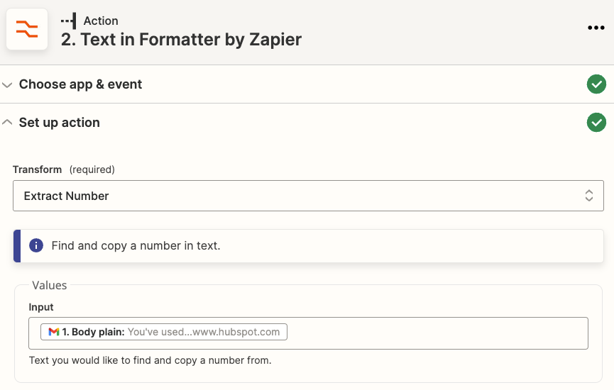 The Zapier Formatter app logo next to the text "Text in Formatter by Zapier" with "Extract Number" selected in the Transform field. 