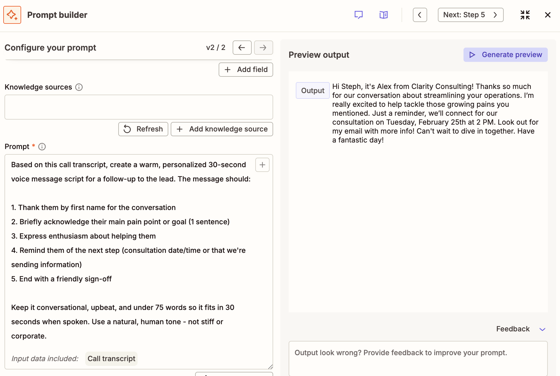A sample prompt inside the AI by Zapier prompt builder with a preview output