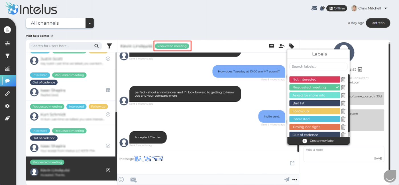A screenshot of Intelus Agency's LinkedIn outreach platform, including a conversation and labels.