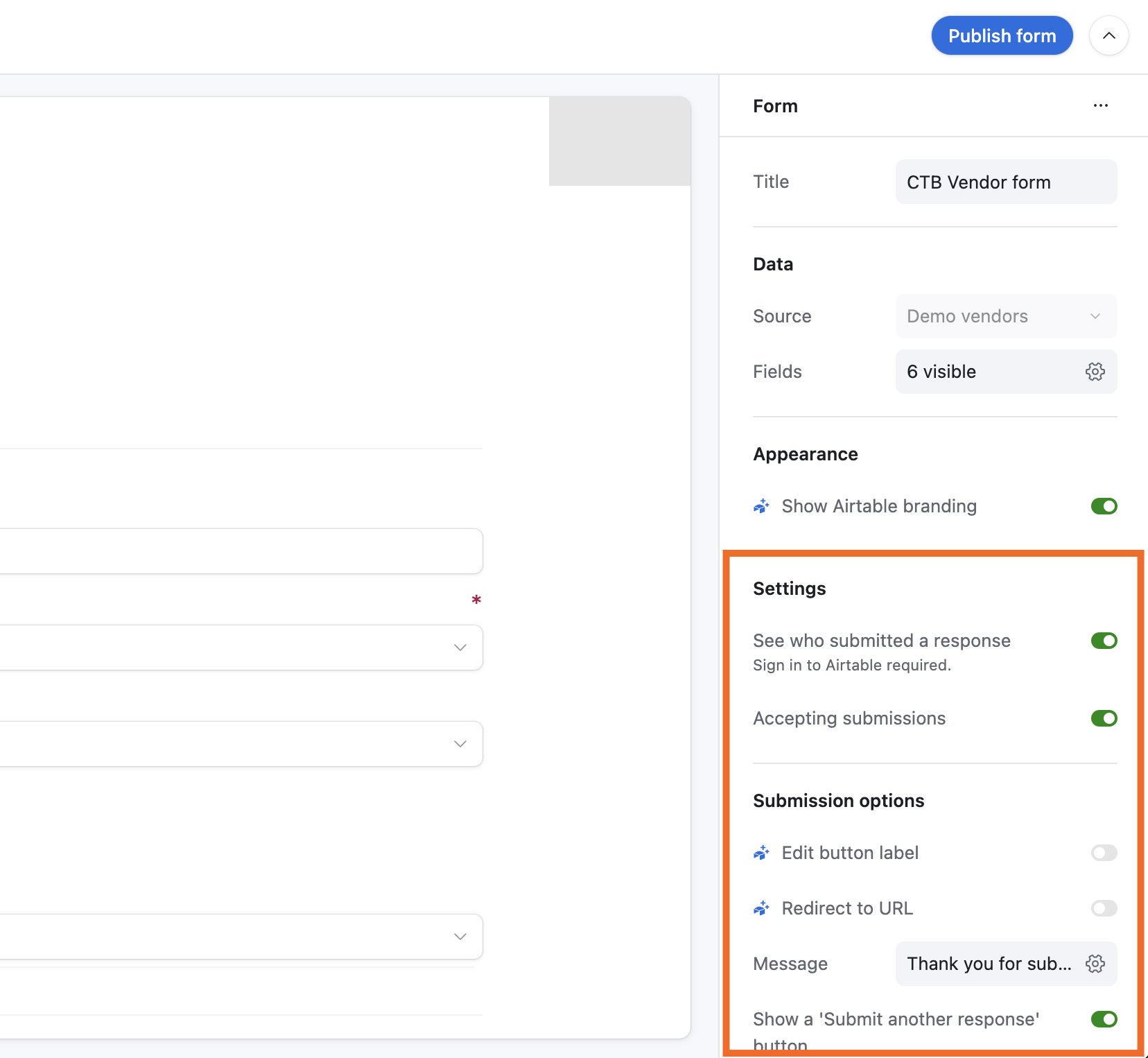 Airtable form settings in the interface designer.