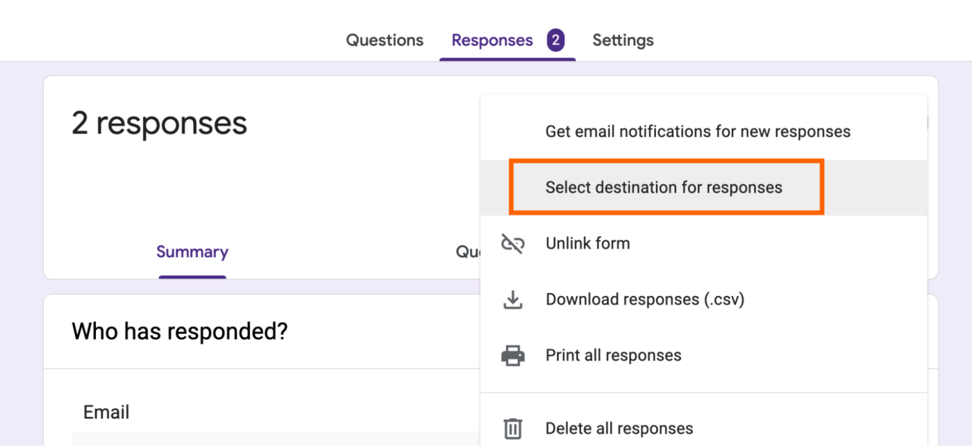 How to add Google Form responses to an existing Google Sheets spreadsheet.