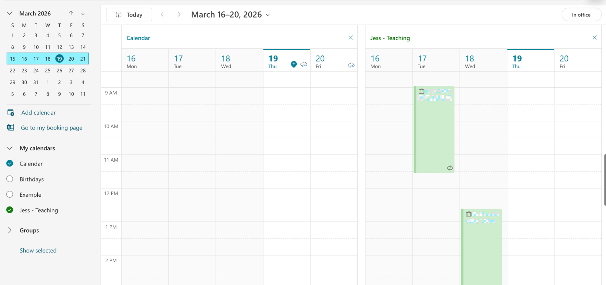Side-by-side view of Outlook Calendar with an imported Google Calendar. 
