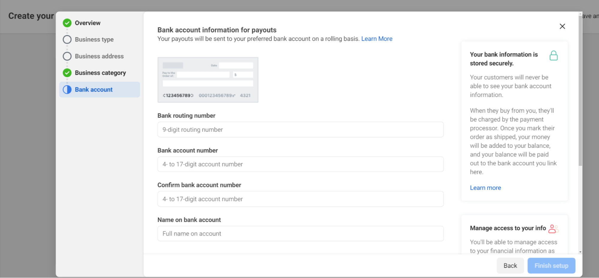 Entering bank account info for a Facebook shop