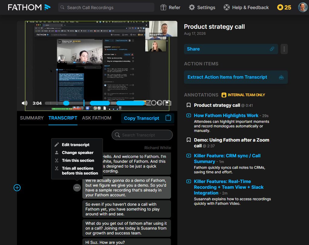 The Fathom video annotations interface