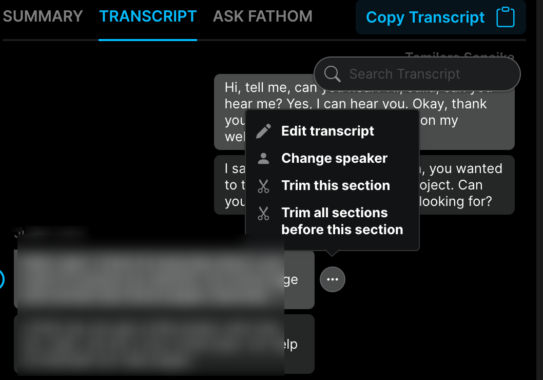 A screenshot of a context menu in Fathom offering options to Edit transcript, Change speaker, Trim this section, and Trim all sections before this section