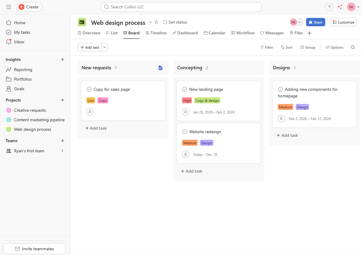 Asana vs. ClickUp board view: A cross-functional project plan in Asana