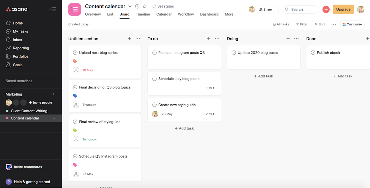 Asana vs. ClickUp board view: A content calendar in Asana