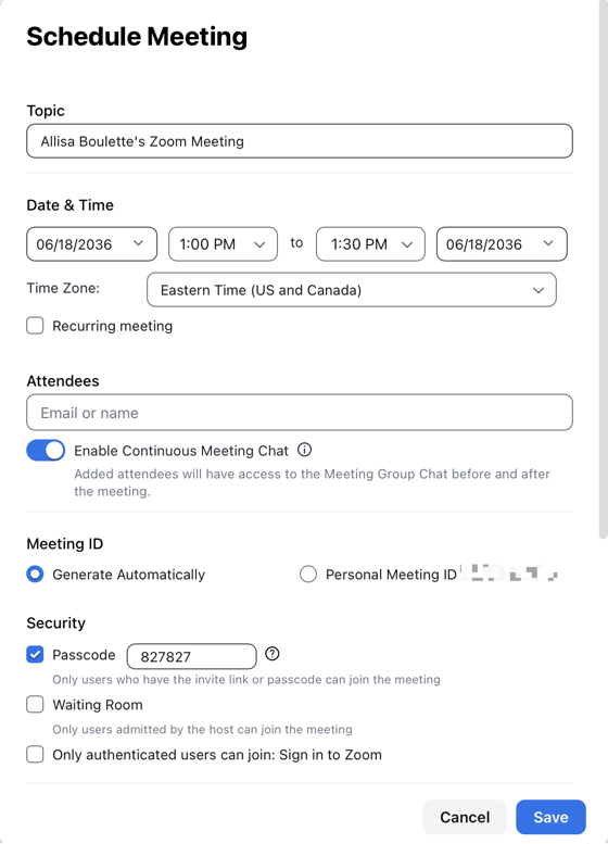 Screenshot of Zoom meeting settings 