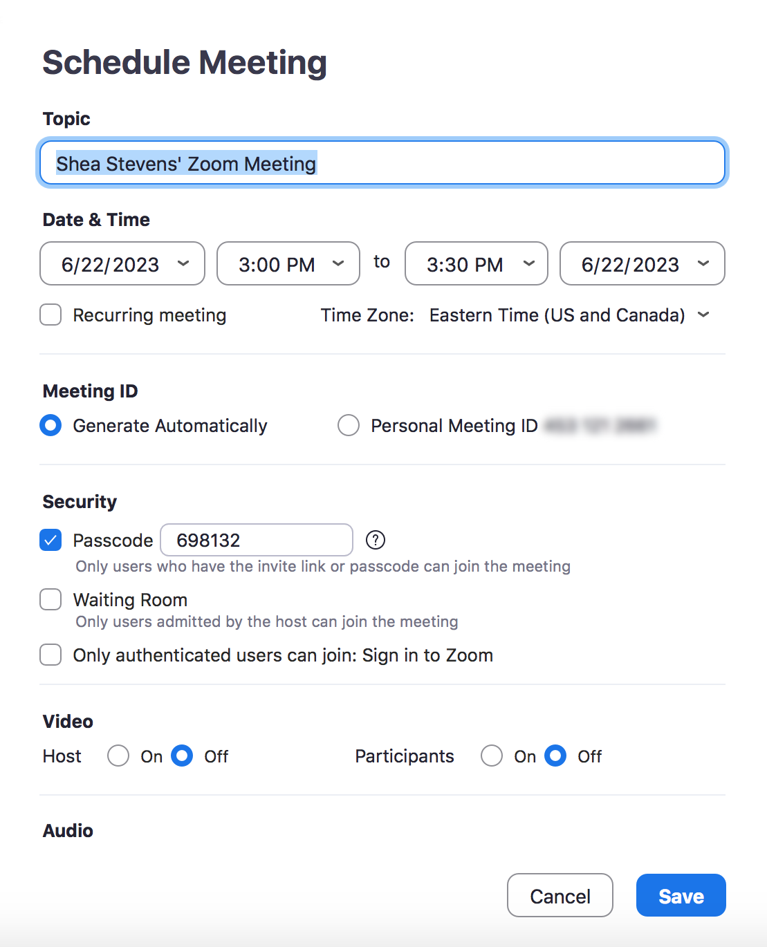 Screenshot of Zoom meeting settings 