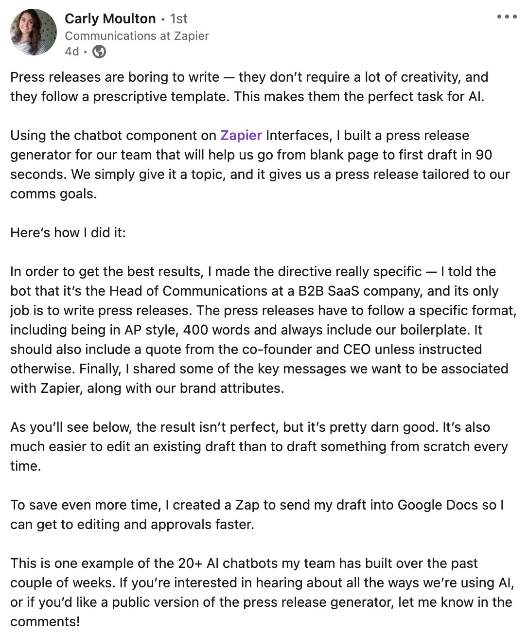 Carly's LinkedIn post about the press release bot