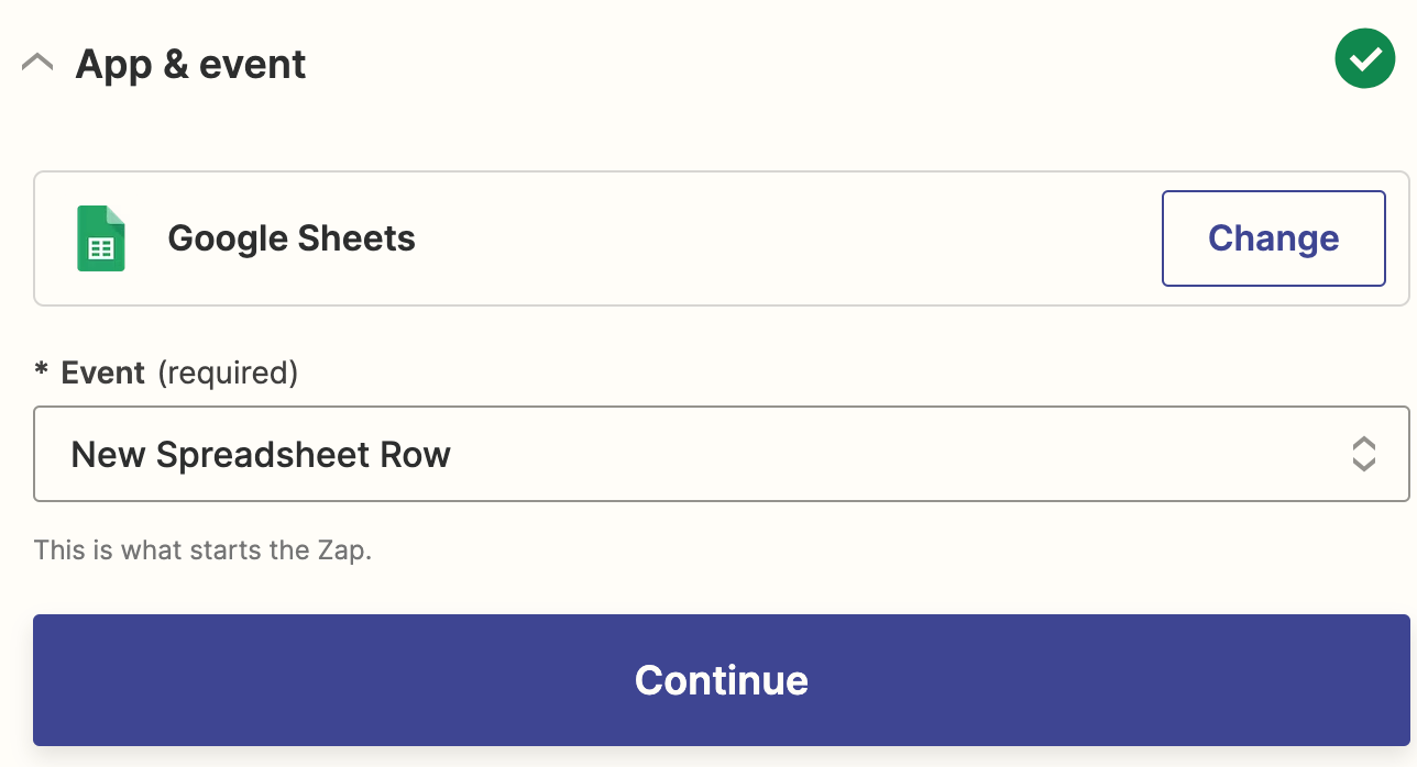 A trigger step in the Zap editor with Google Sheets selected for the trigger app and New Spreadsheet Row selected for the trigger event.