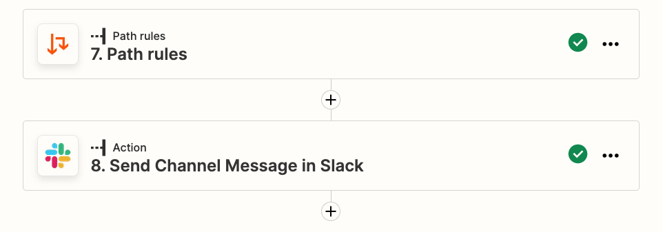 The list of actions set up for Path B. It includes the path rule and action to send a Slack message.