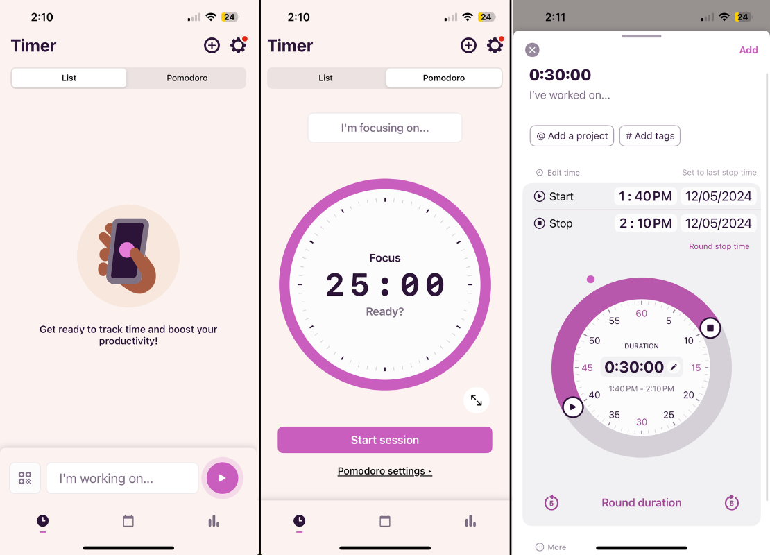 Toggl Track, our pick for the best iPhone productivity app for tracking time.