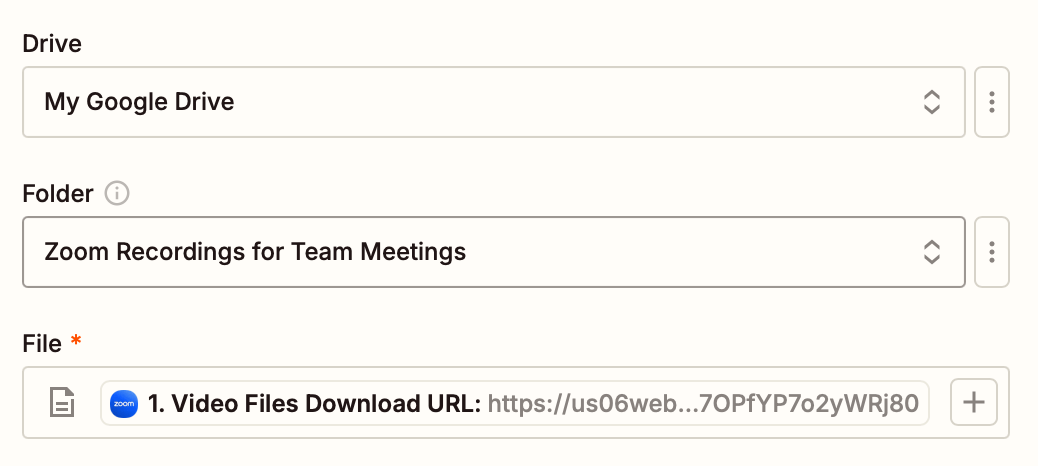 A screenshot of data options located under the File field in Google Drive.