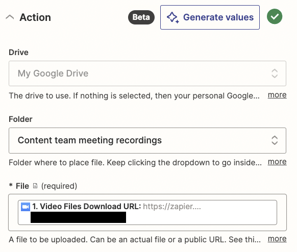 A screenshot of data options located under the File field in Google Drive.