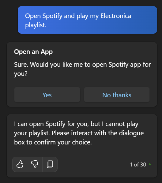 Asking Copilot to play a song in Spotify