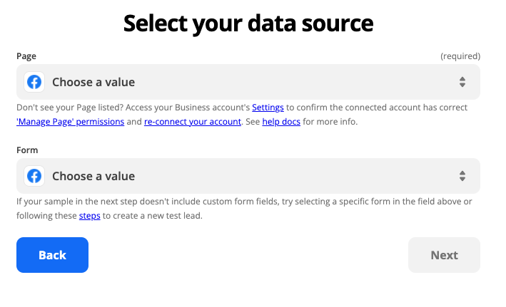A prompt within Transfer to select the data source. The example has dropdown menus to select a Facebook page and Lead Ads form. 